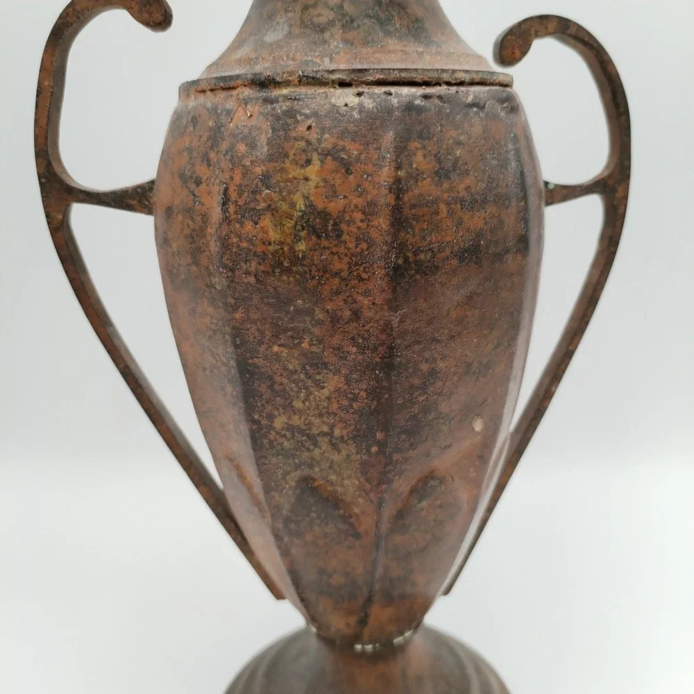 Vintage 10 In Solid Brass Double Handle Urn Vase Grecian Vessel Rustic Patina